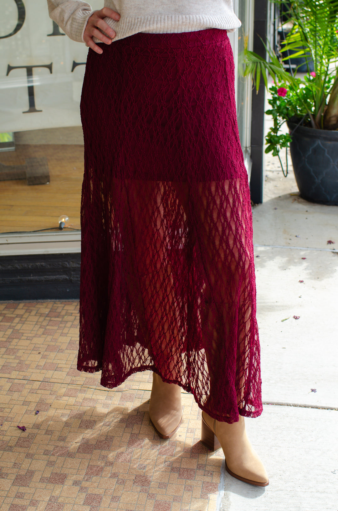 Boho Babe Sheer Lace Midi Skirt in burgundy
