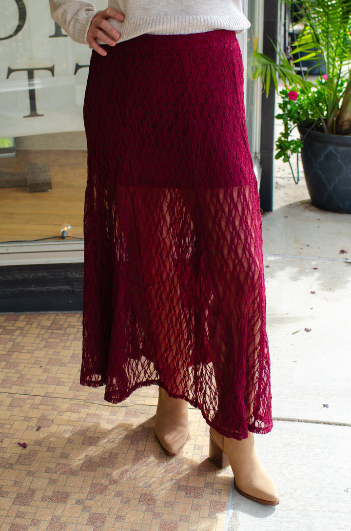 Boho Babe Sheer Lace Midi Skirt in burgundy