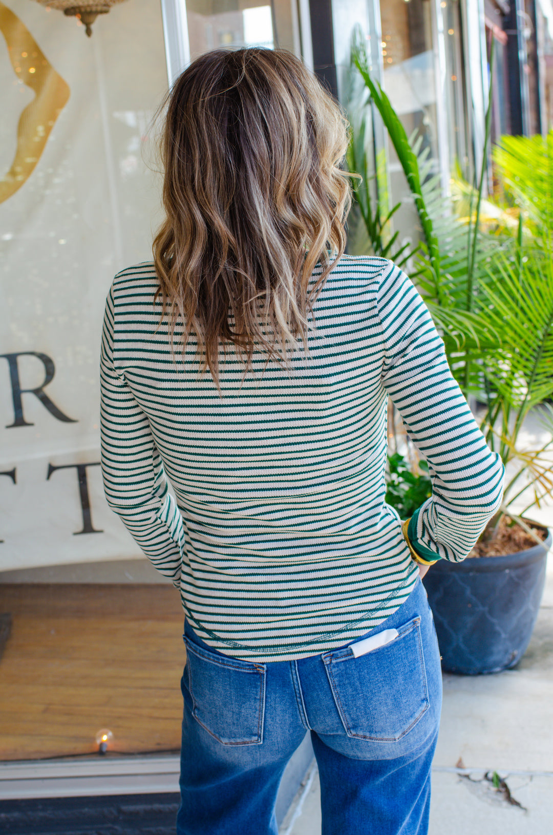 Fall Moment Stripe Henley Top in Oatmeal & Green Mix