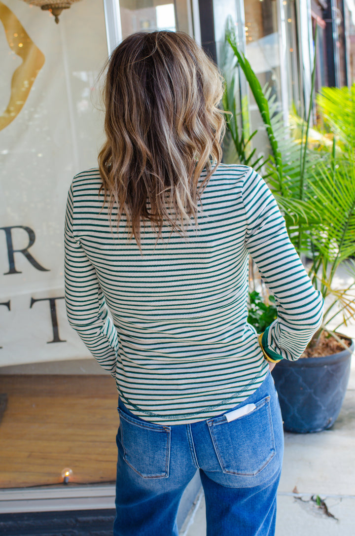 Fall Moment Stripe Henley Top in Oatmeal & Green Mix