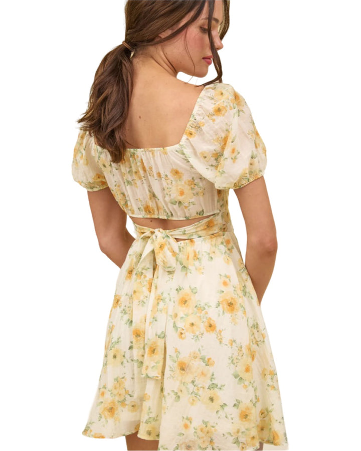 Tea Time Floral Corset Top Tie Back Dress in Yellow