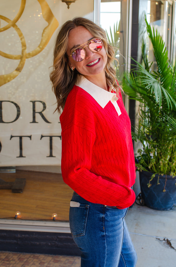 Preppy Way Collared 2-Tone Cable Knit Sweater in Red