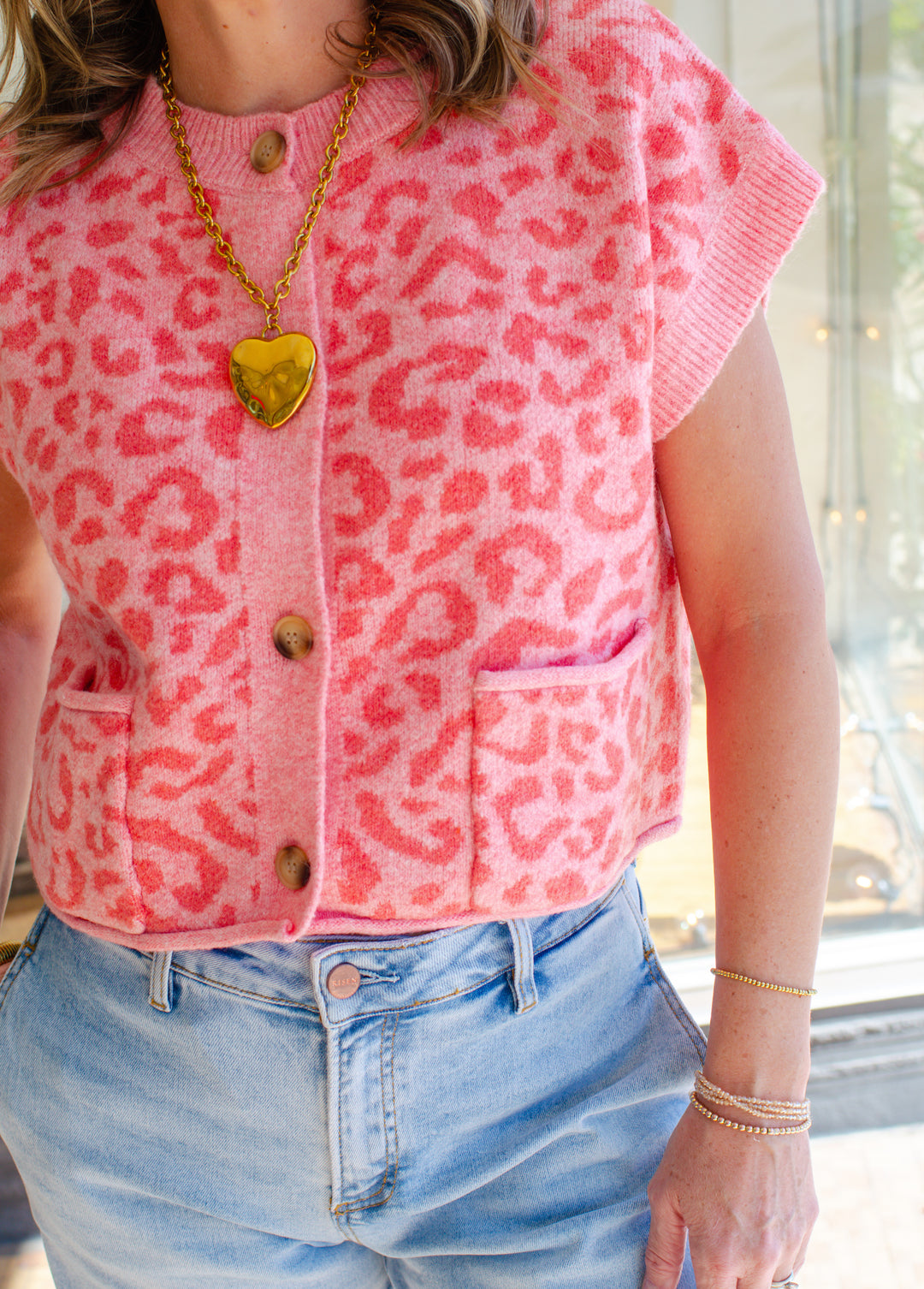 Pink Leopard Button Down Sweater Top