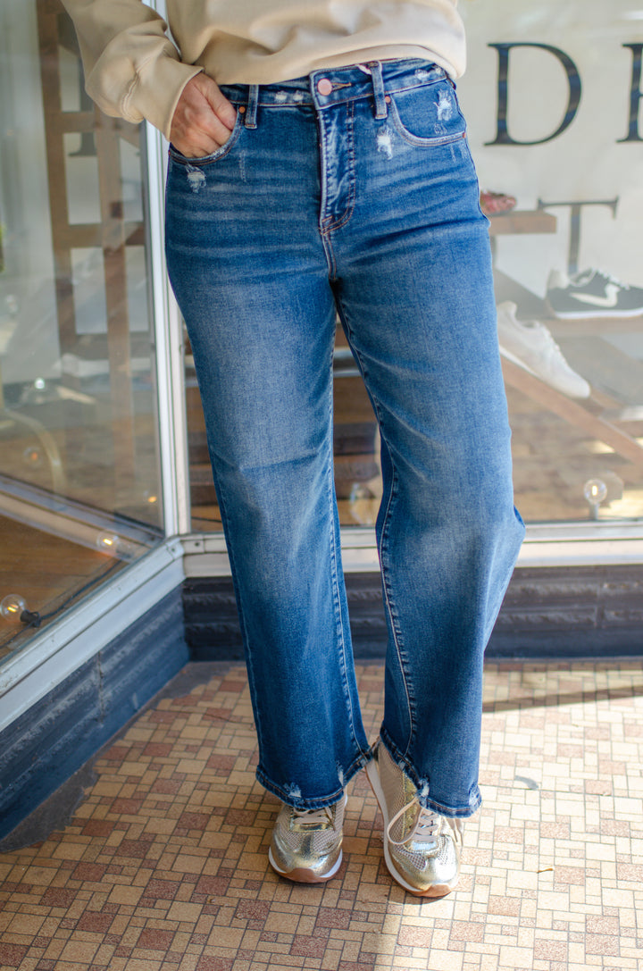 Risen High Rise Tummy Control Crop Wide Leg Jeans