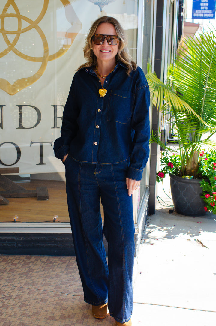 Denim Dreamer Oversized Button Down Dark Denim Top