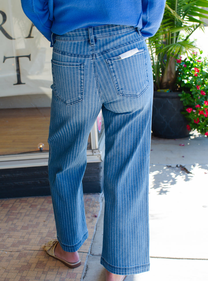 Risen Tummy Control High Rise Crop Straight Stripe Jeans in Medium Wash