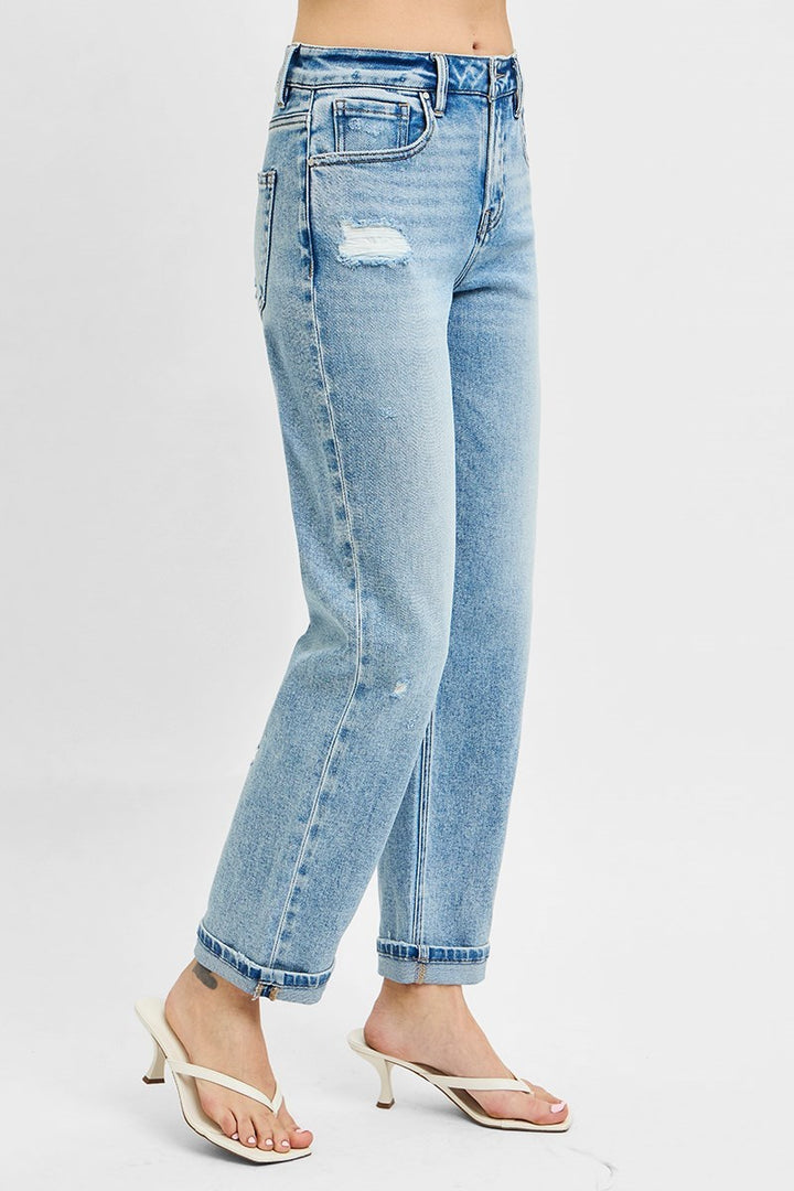 Risen High Rise Ankle Boyfriend Distressed Jeans in Light Wash
