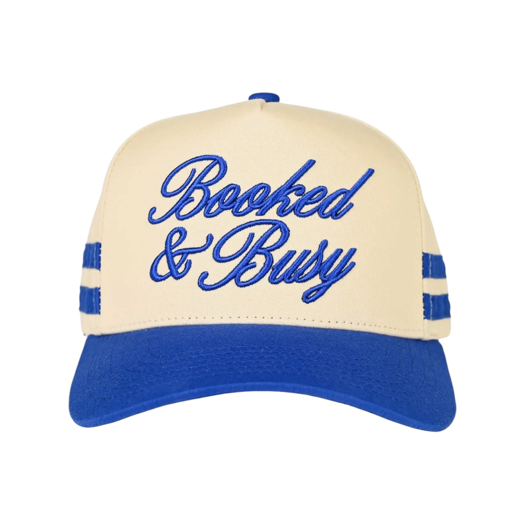 Booked & Busy Blue Embroidered Side Stripe 2 Tone Blue & Cream Hat