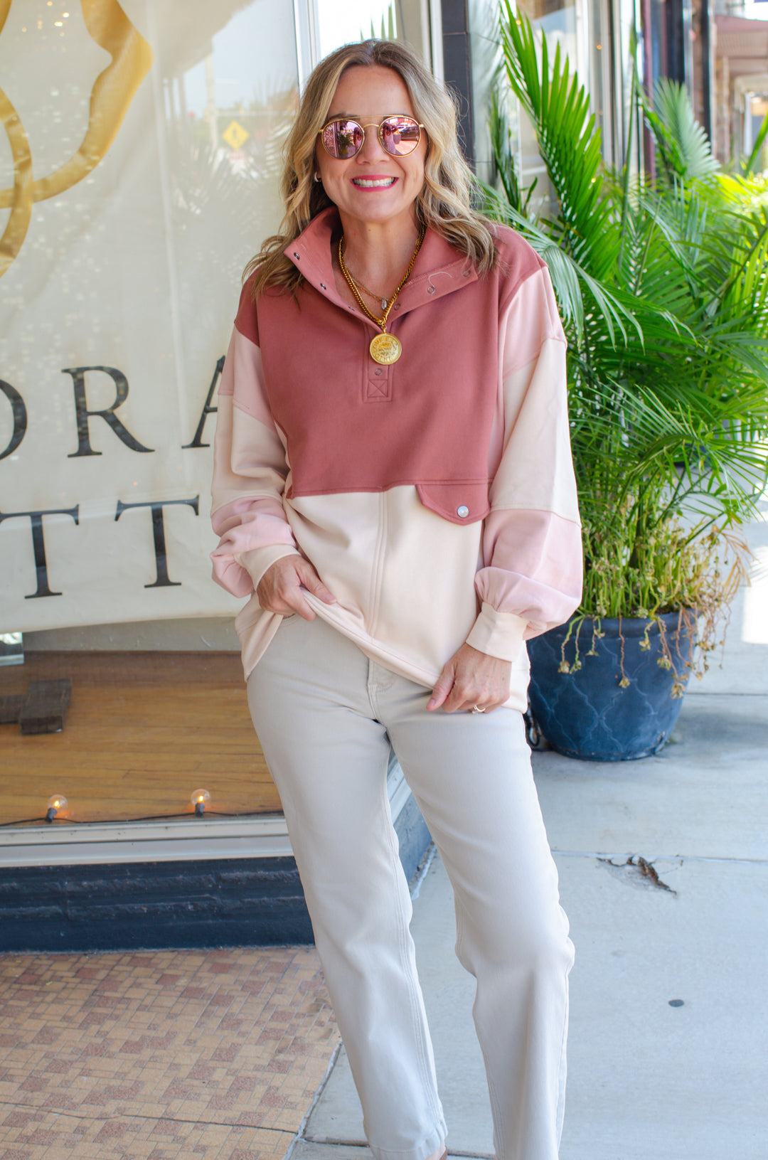 Fall Moments Color Block Oversized Pullover in Brick