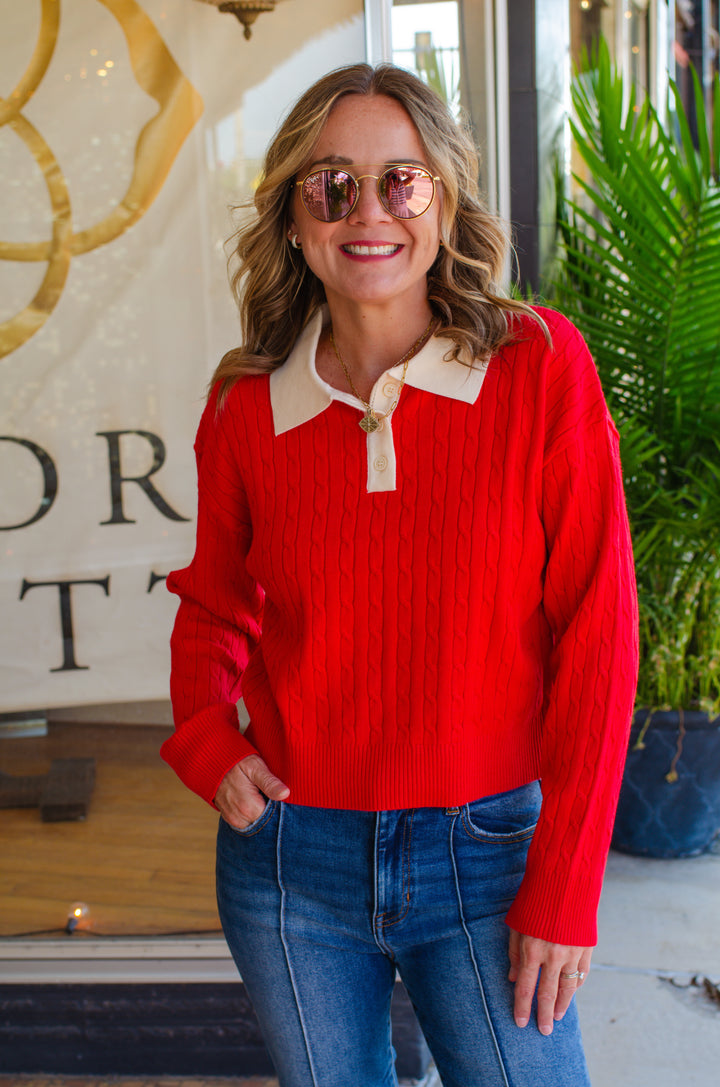Preppy Way Collared 2-Tone Cable Knit Sweater in Red