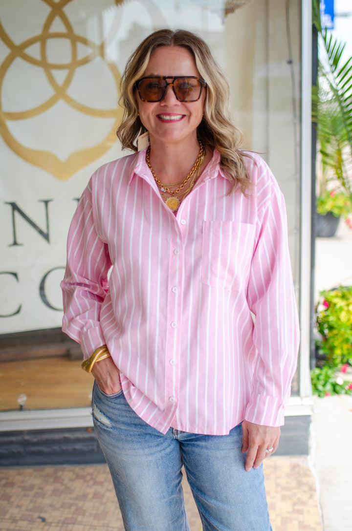 Fall Classic Stripe Button Down Boyfriend Top in Pink