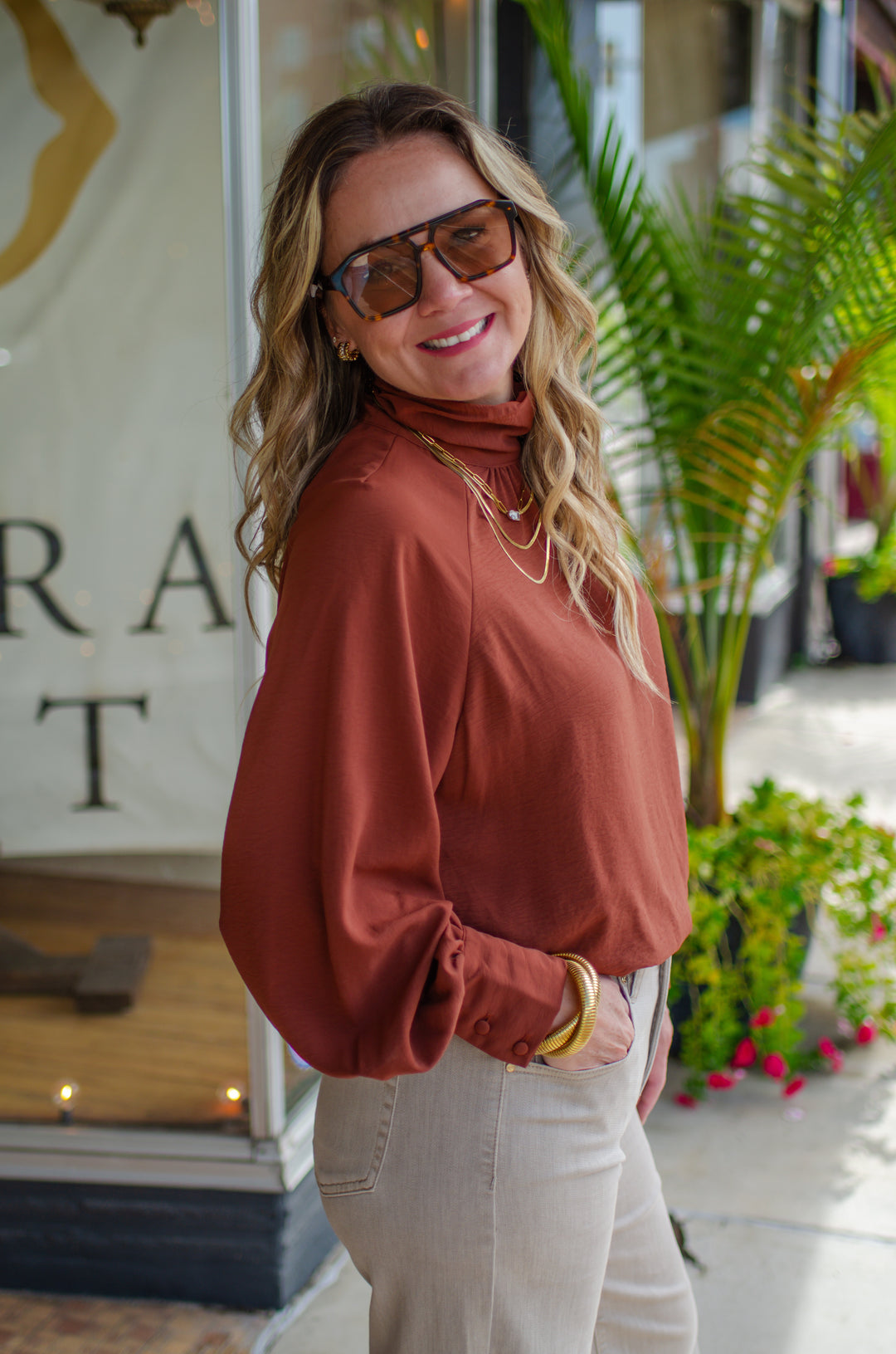 Take Your Time High Necklace Bubble Hem Long Sleeve in Cinnamon