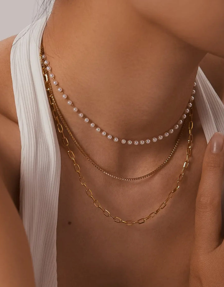 Luxe Remi Triple Chain Pearl & Paperclip Necklace 18K Gold