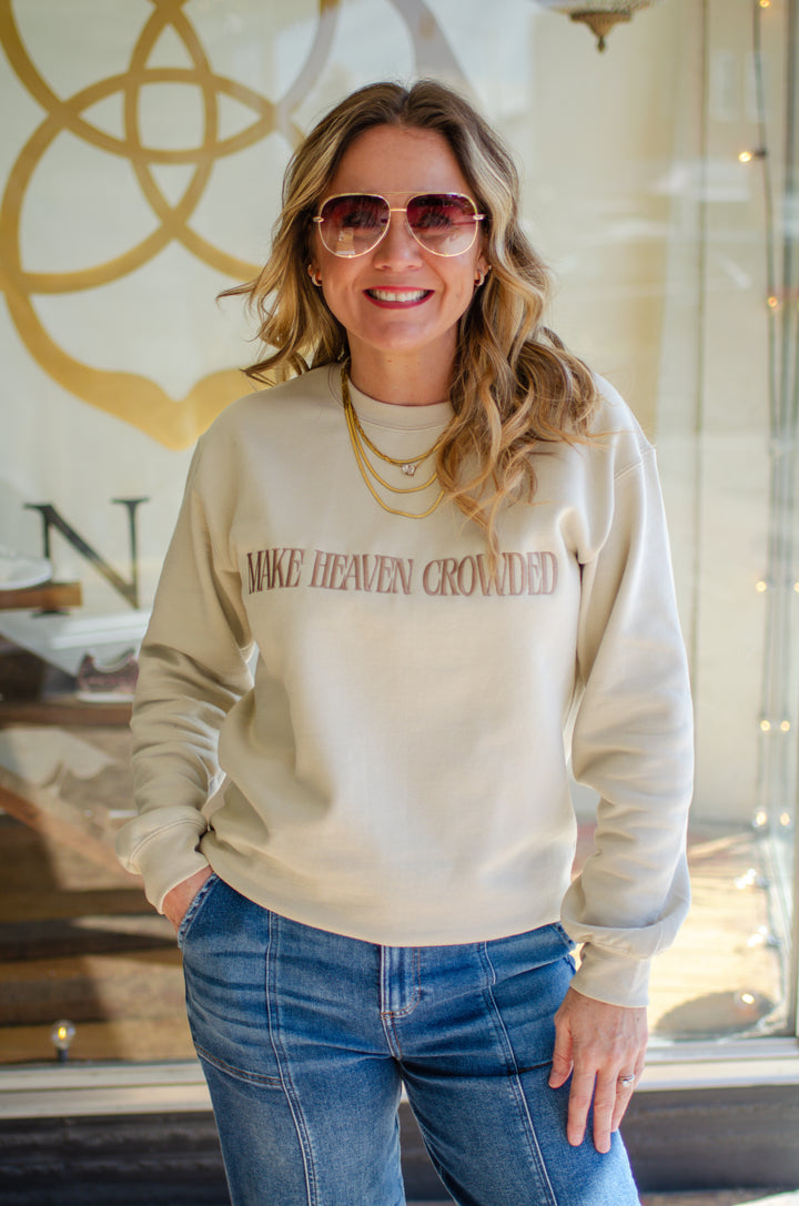 Make Heaven Crowded Embroidered Fleece Sweatshirt in Sand