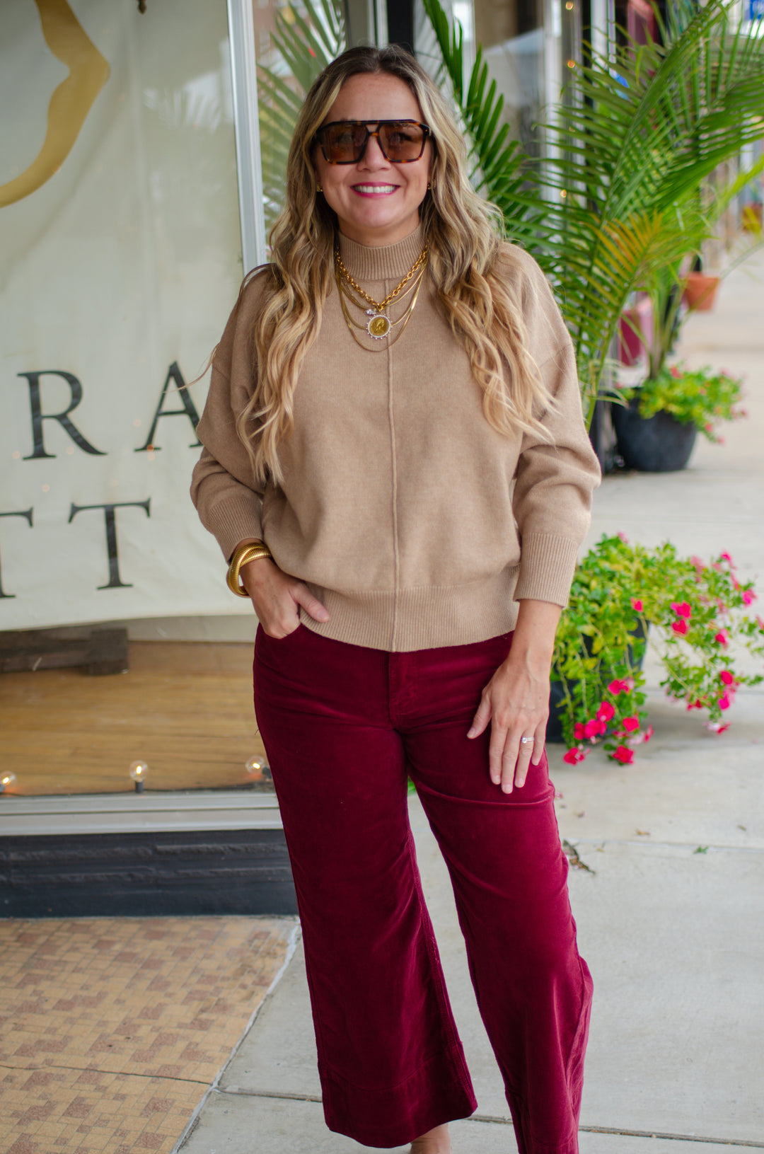 Winter Wish Front Seam Mock Neck Long Sleeve Knit Sweater in Camel