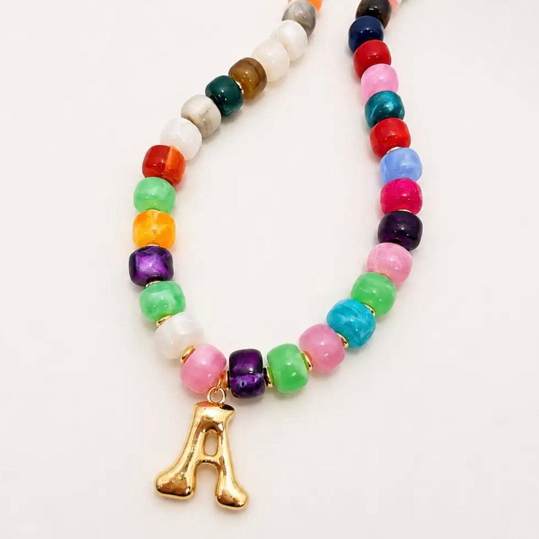Multi Color Chunky Beaded Initial Charm Necklace
