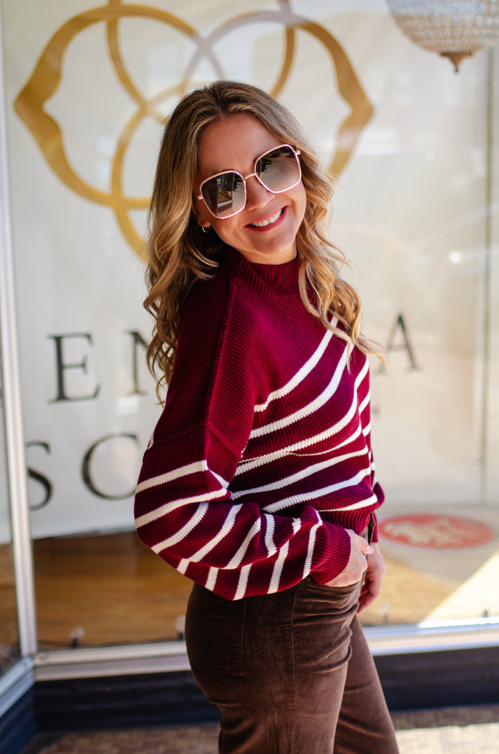 Your My Love Mock Neck Ribbed Stripe Sweater in Oxblood