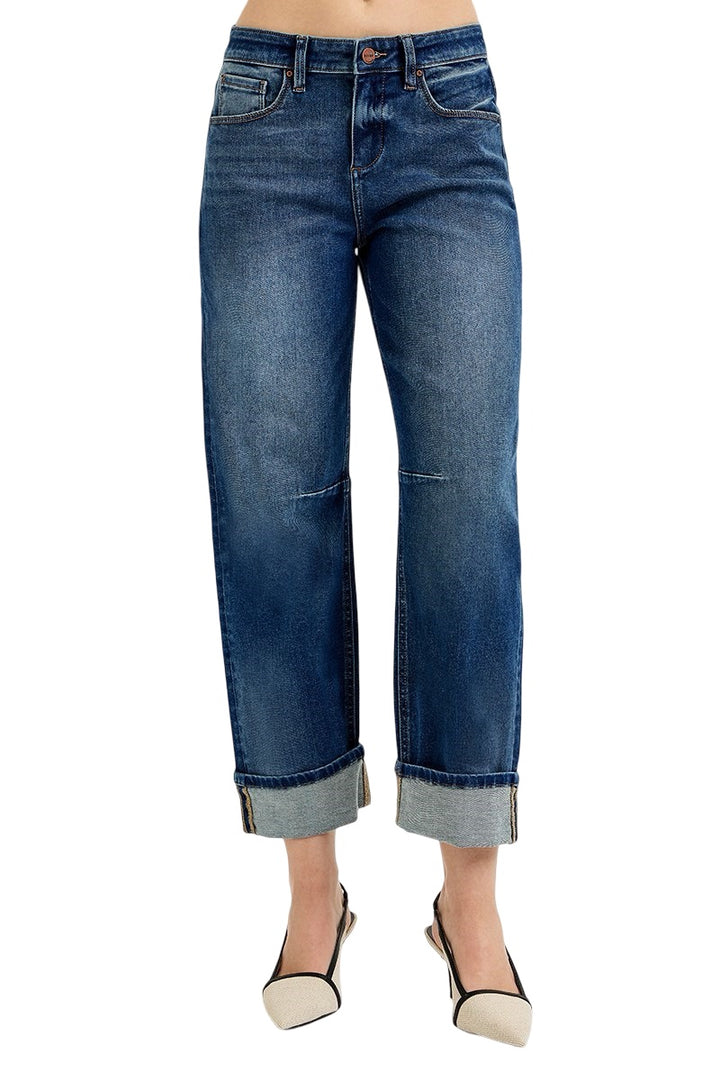 Risen Slouchy Crop Barrel Cuffed Jeans in Dark Wash