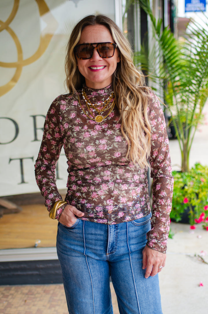 Fall Floral High Neck Sheer Mesh Lace Top in Chocolate
