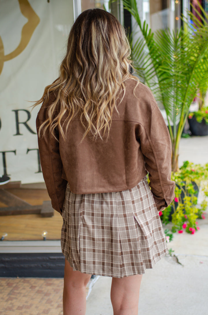 Effortless Faux Suede Bomber Jacket in Coffee