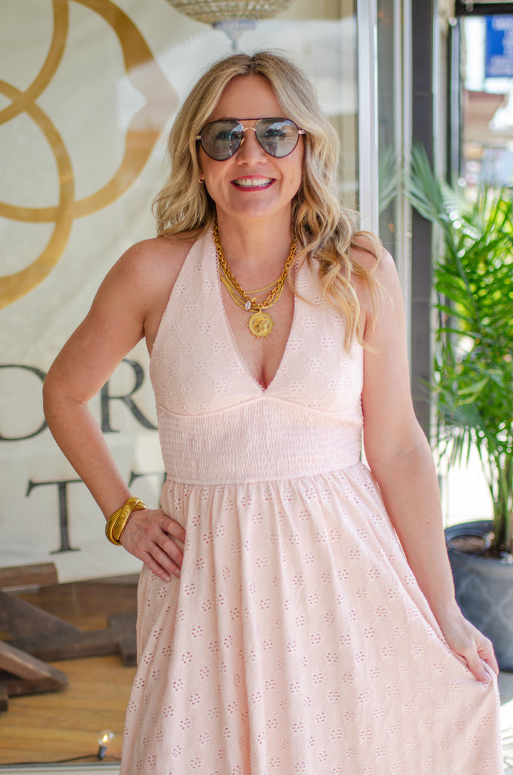 Spring Forward Eyelet Smocked Halter Dress in Blush