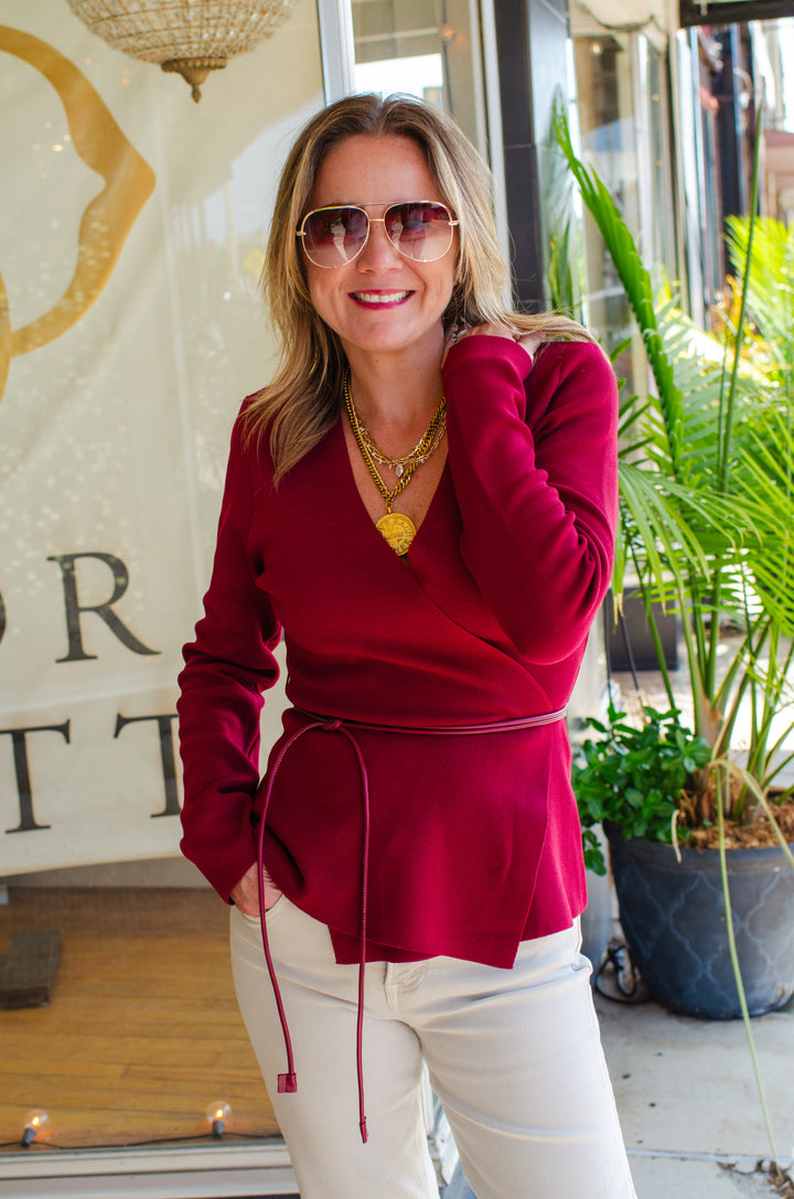 Wrapped Up in You Knit Belted Cardigan in Burgundy