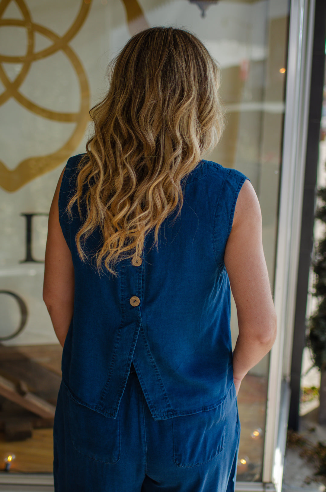 Classic Stroll Chambray Sleeveless Button Back Top