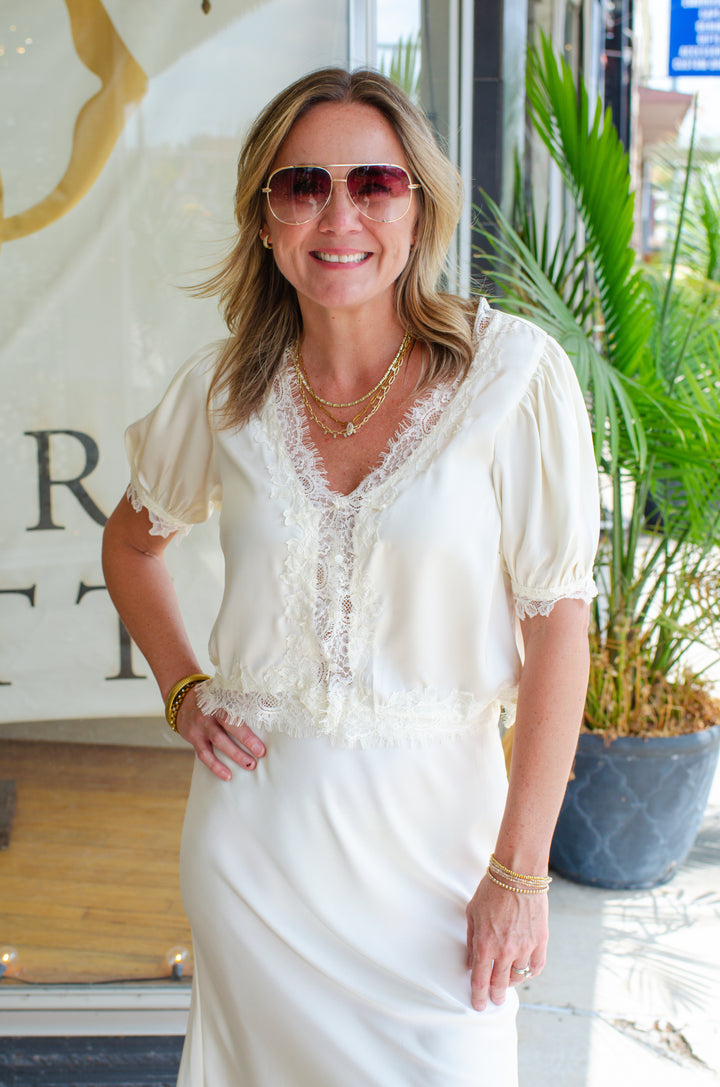 Pure Romance Satin Lace Trim V-Neck Puff Sleeve Blouse in Champagne