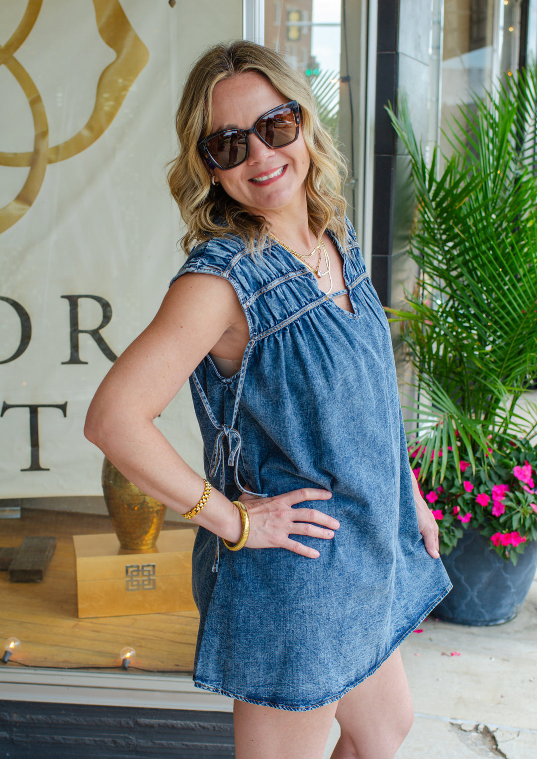 Take Your Time V-Neck Denim Ruched Dress in Medium