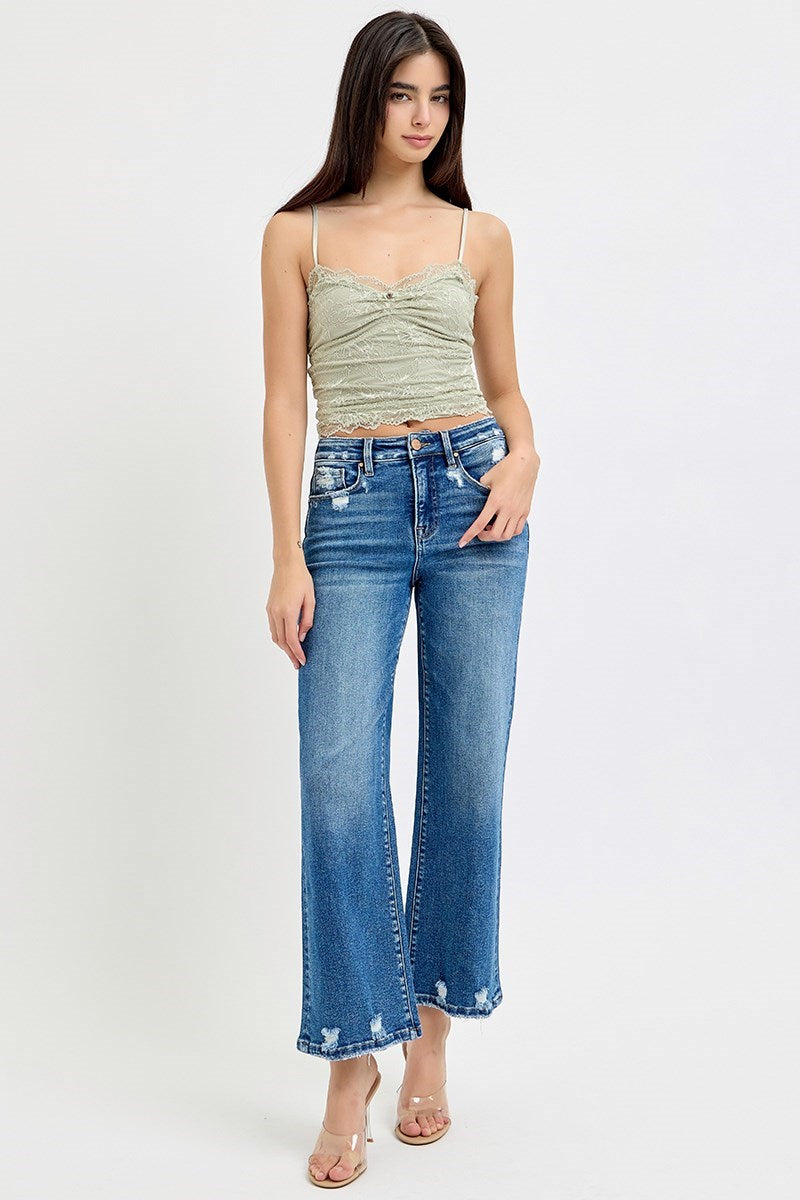 Risen Tummy Control High Rise Crop Wide Leg Jeans in Dark Wash