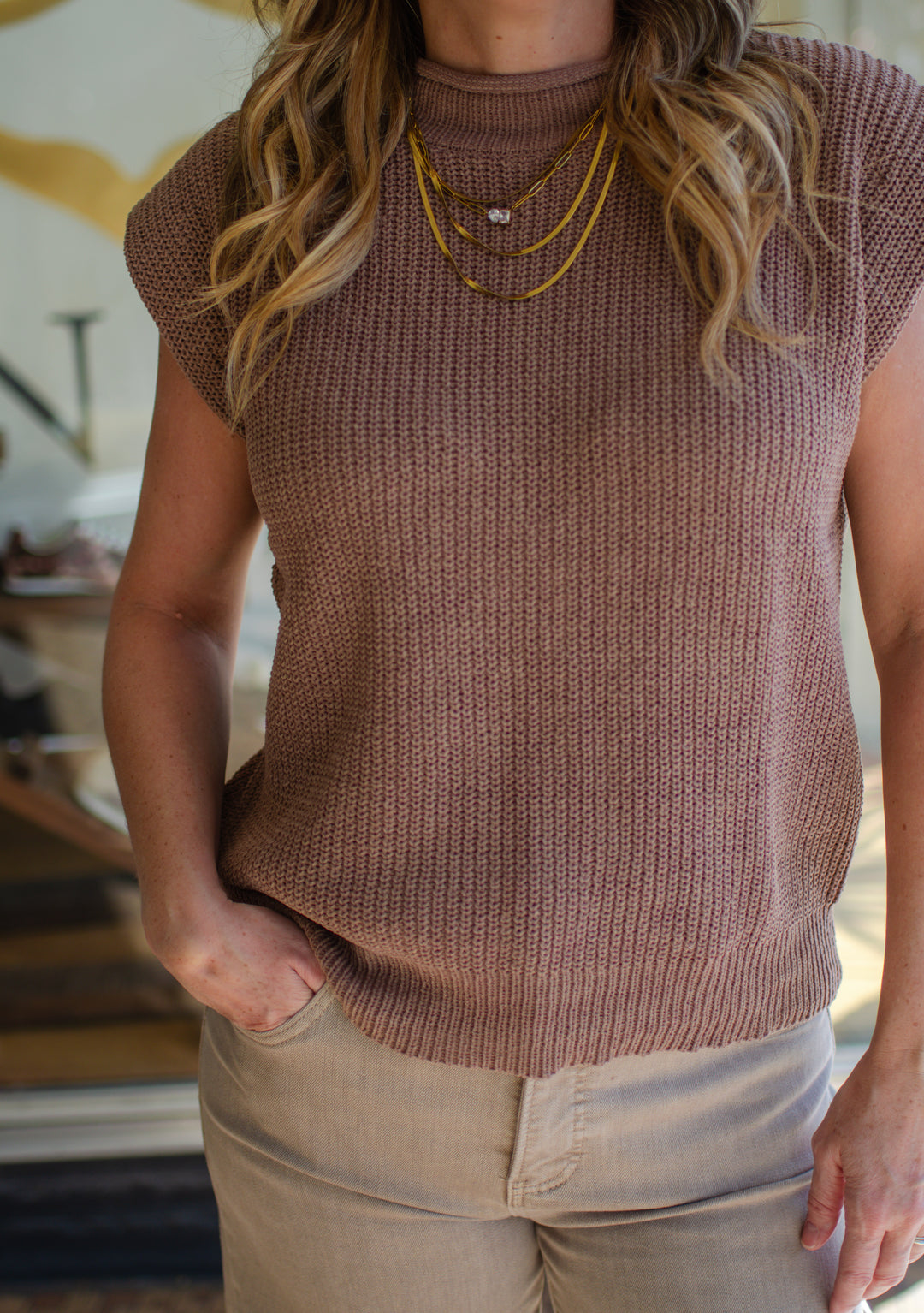 Classic Choice Soft Knit Sweater Vest Top in Mocha