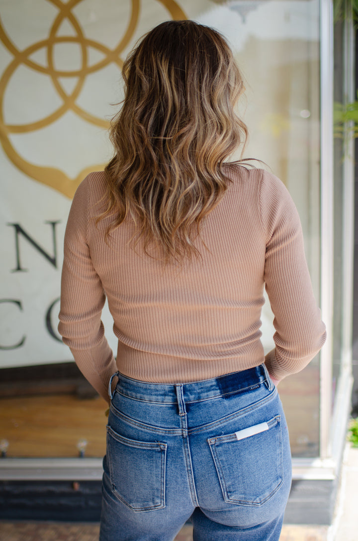 Turn Me Around Twist Front Ribbed Bodysuit in Camel