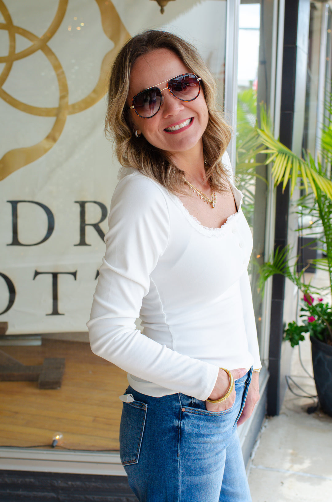 Everyday Fall Lace Trim Neckline Long Sleeve Button Down in White