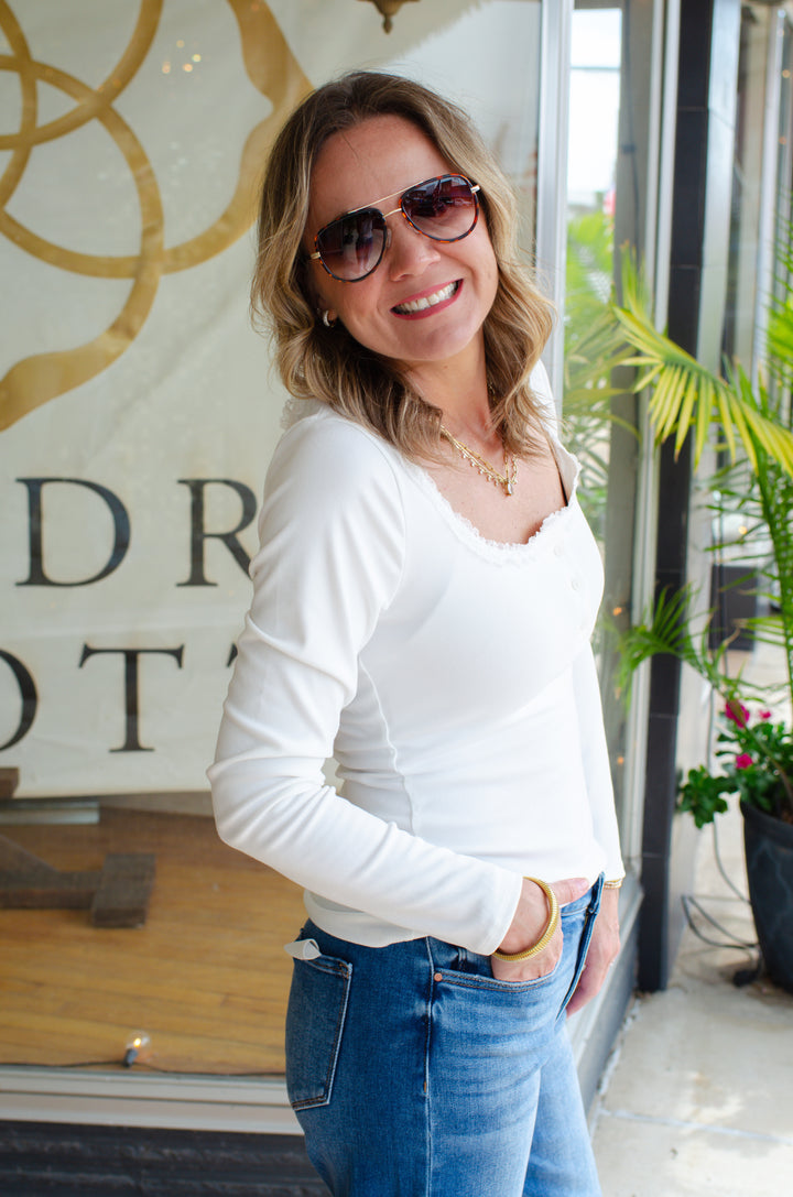 Everyday Fall Lace Trim Neckline Long Sleeve Button Down in White