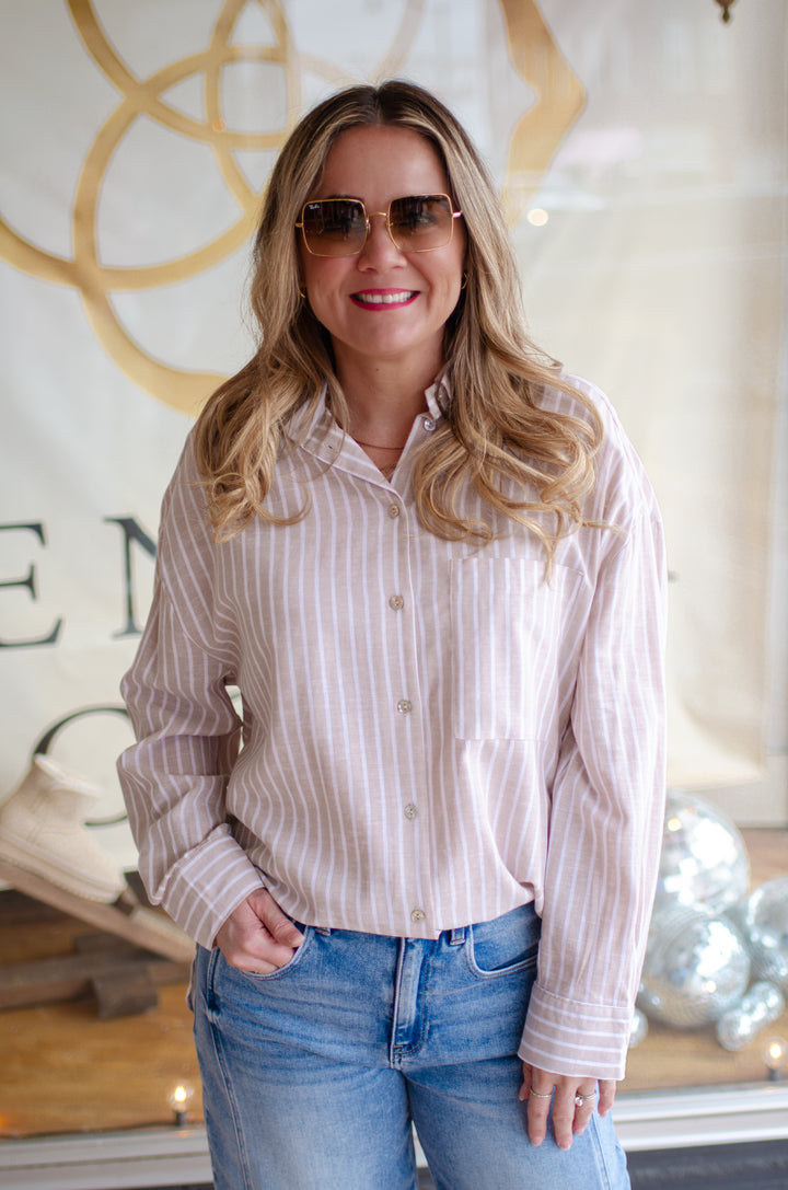 Perfect Preppy Button Down Collared Top in Beige