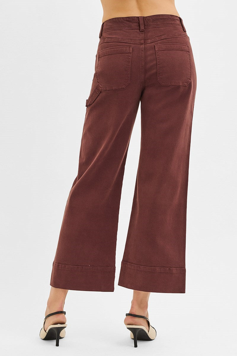 Risen High Rise Tummy Control Wide Leg Cuff Jeans in Chocolate