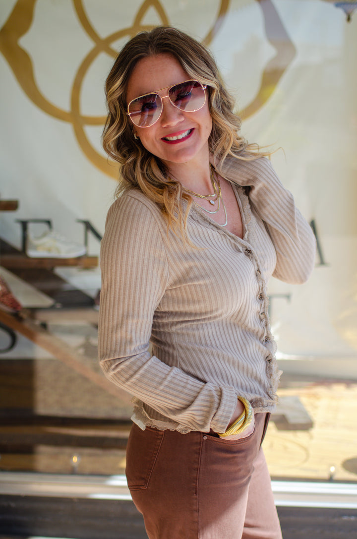 Our Love Button Down Lace Trim Knit Top in Taupe