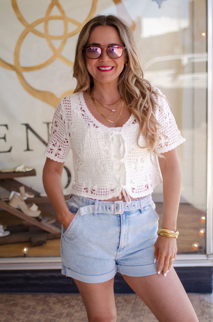 Choose Joy Macrame Tie Front Top in White