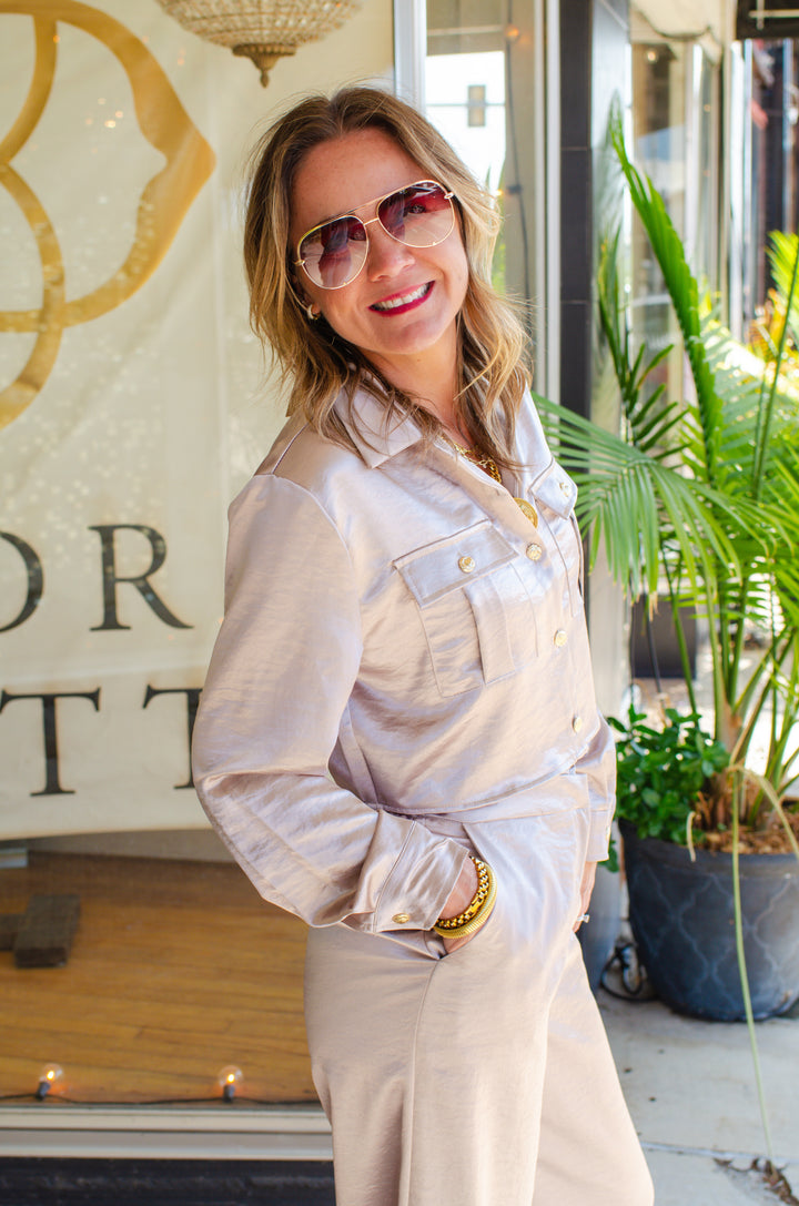 At First Glance Satin Long Sleeve Pocket Front Top in Champagne
