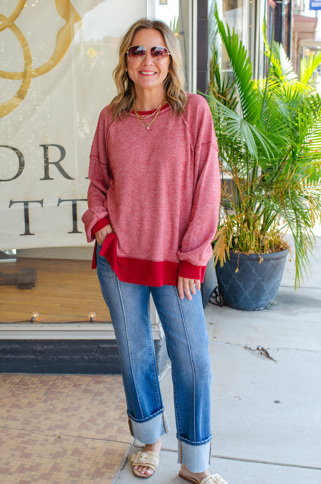 Casual Comfy Lightweight Knit Oversized Top in Burgundy