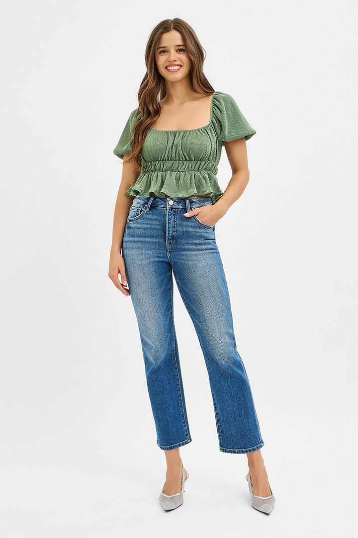 Risen Tummy Control High Rise Crop Straight Jeans in Medium Wash