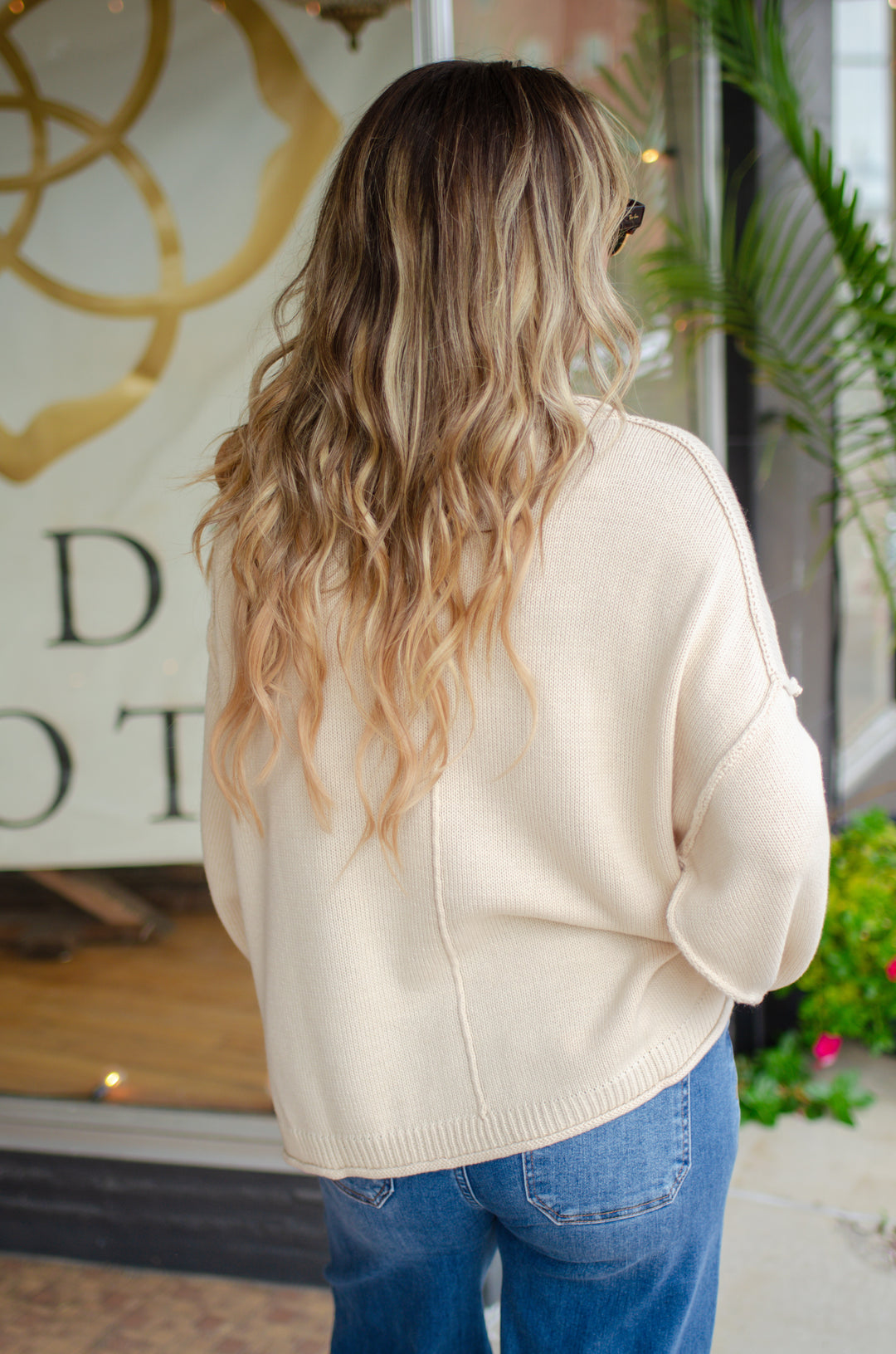 Classic Style Cream Round Neckline Long Sleeve Sweater