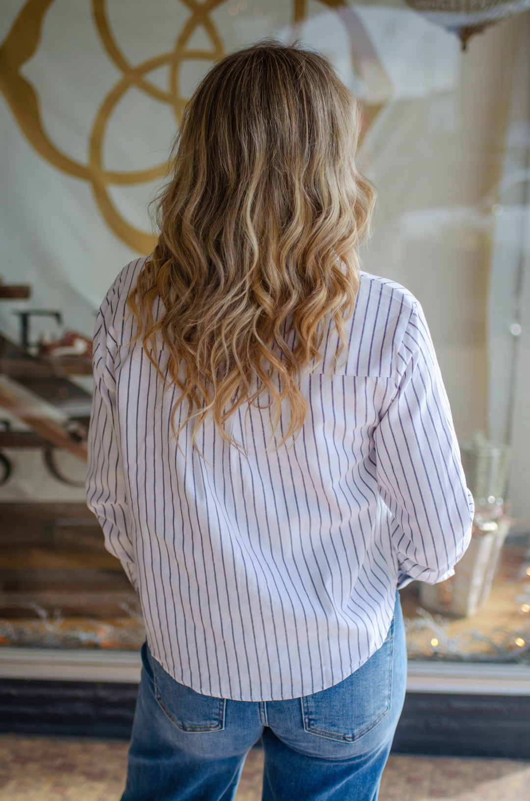 Sophisticated Stripe Button Down Collared White Blouse