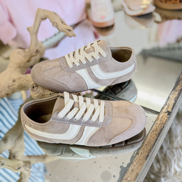 Perfect Everyday Neutral Sneaker in Taupe Faux Suede