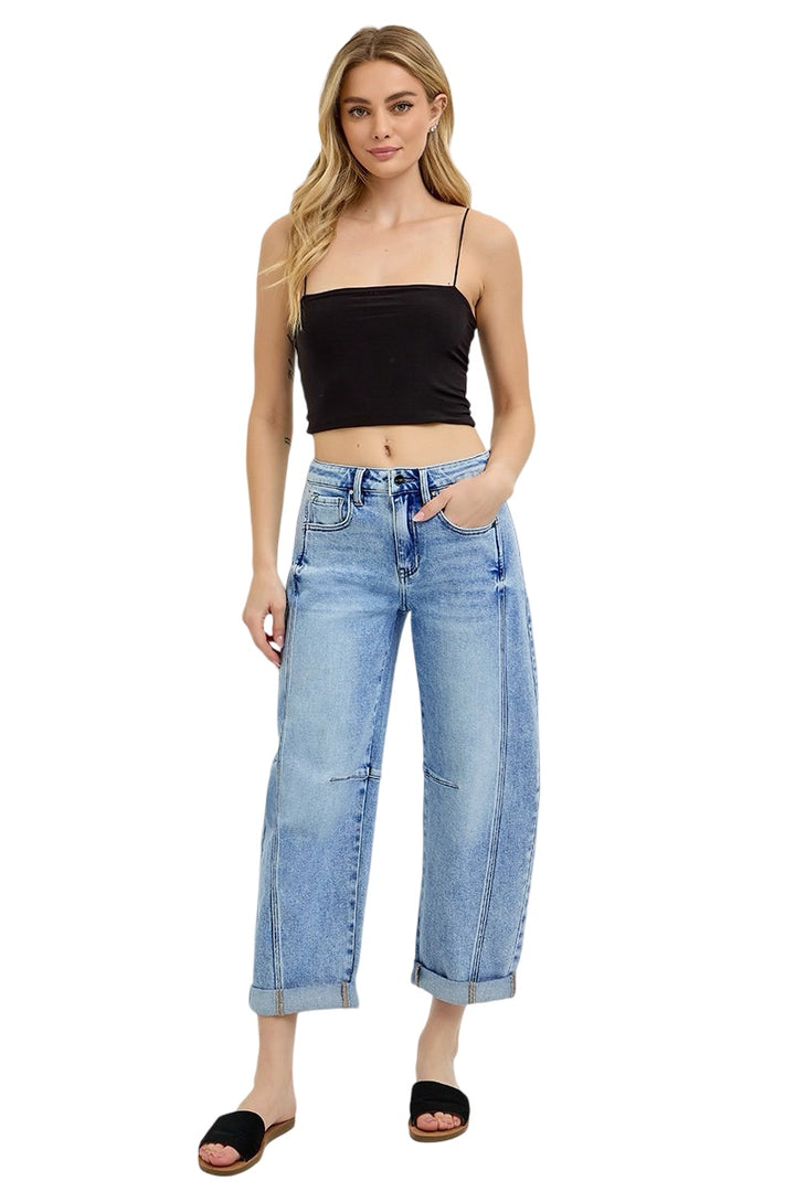 Risen High Rise Boyfriend Cuffed Barrel Jeans in Medium Wash