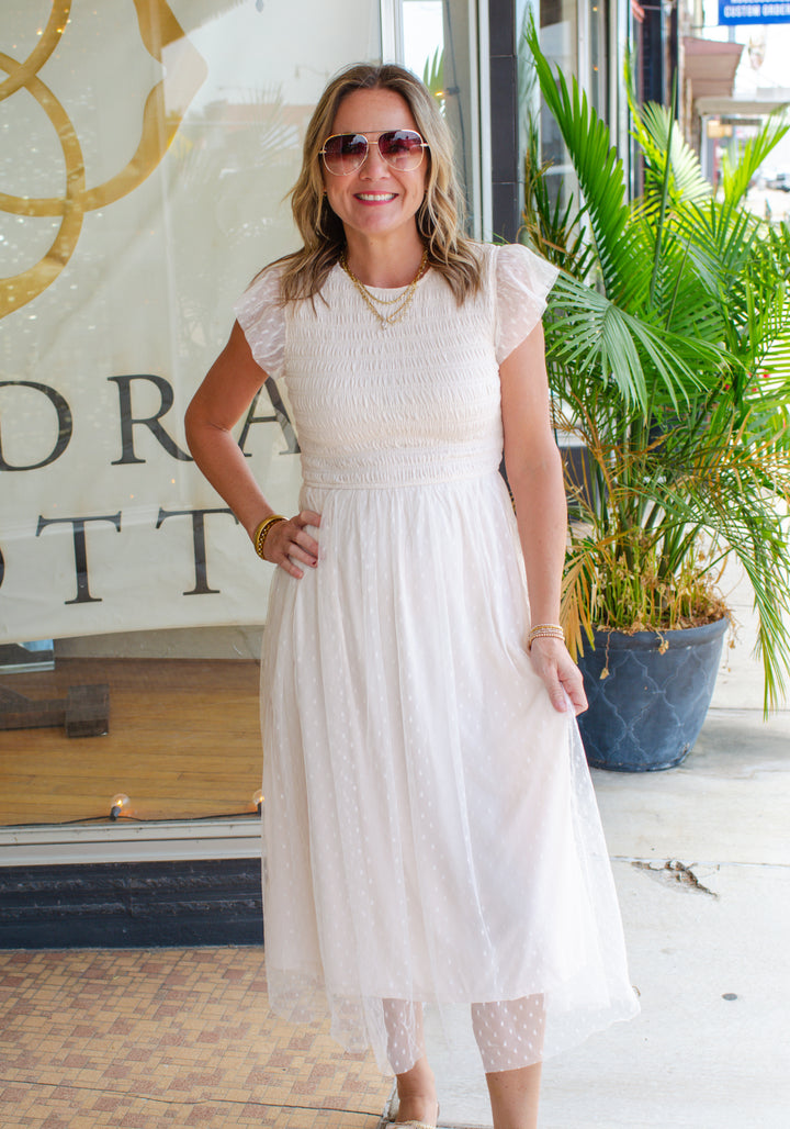 Whimsical Fall Tulle Midi Smocked Dress in Cream