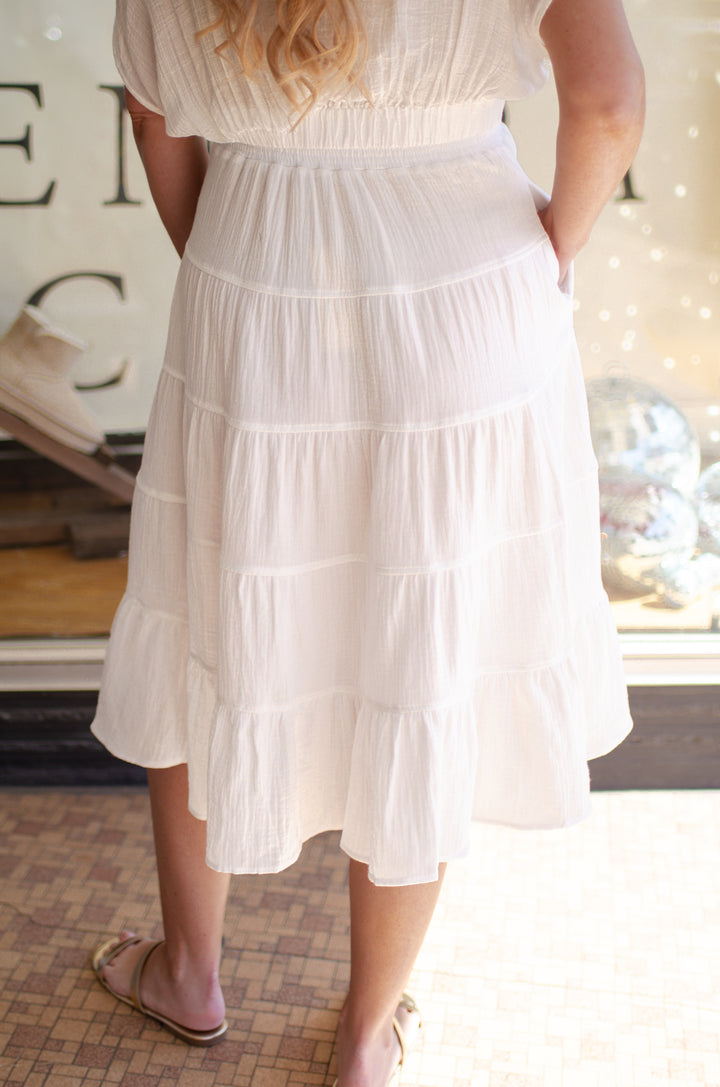 Beach Dreamer Gauze Tiered Midi Skirt in White