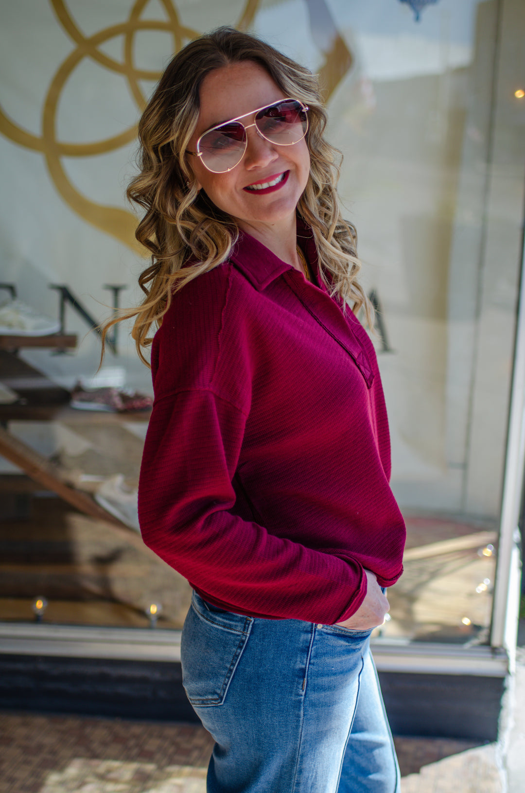 Take Your Time Split Neckline Long Sleeve Collared Top in Burgundy