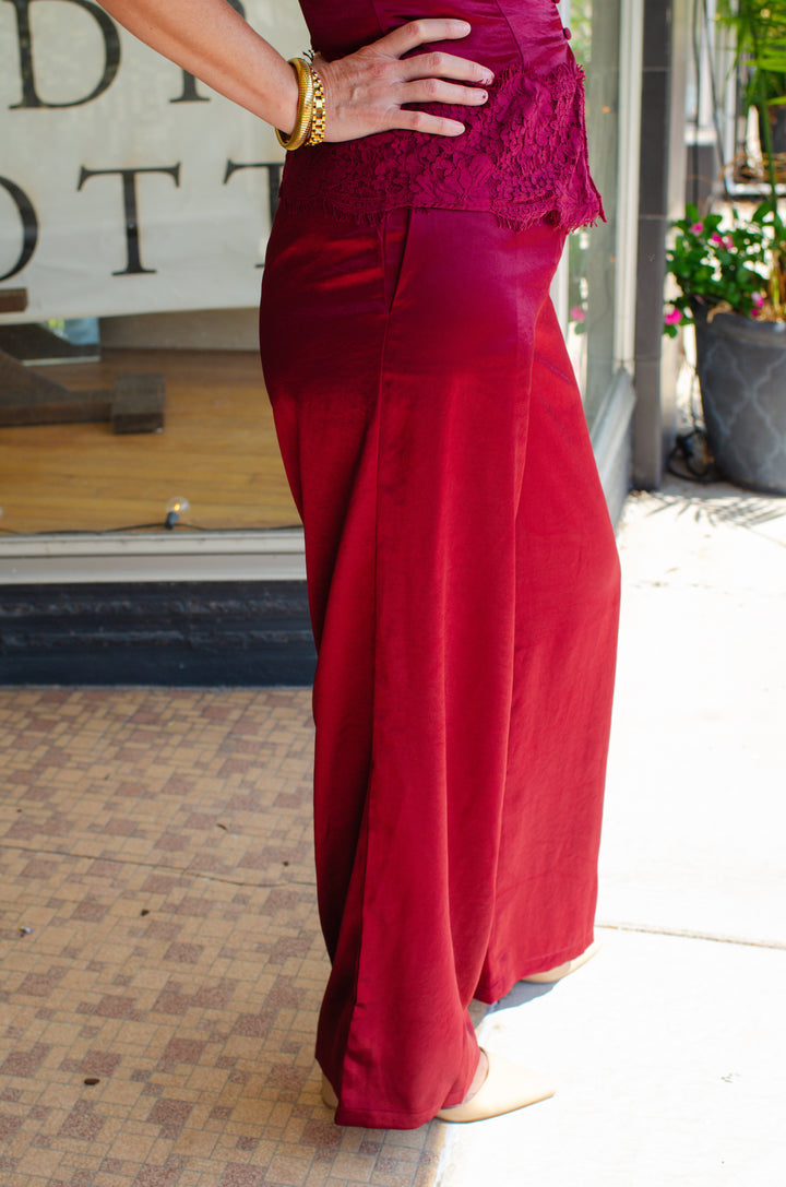 Fall Romance High Rise Satin Wide Leg Pant in Wine