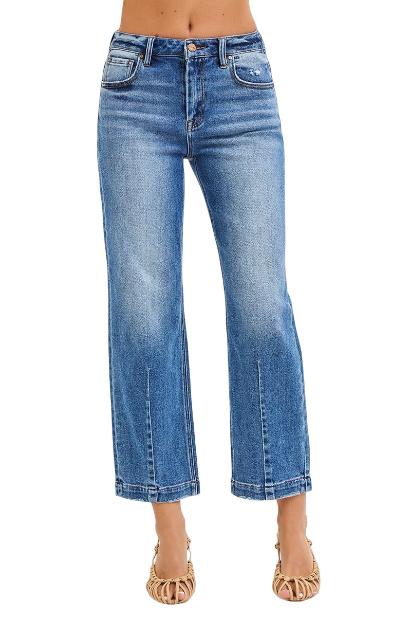 Risen High Rise Crop Boyfriend Tapered Jeans in Dark Wash